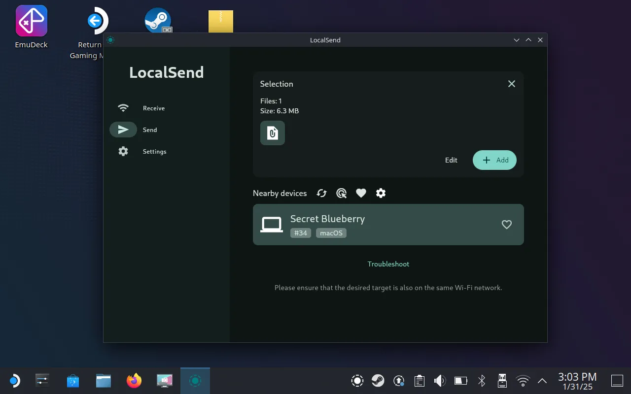 Ứng dụng LocalSend chuyển file không dây từ Steam Deck sang máy Mac
