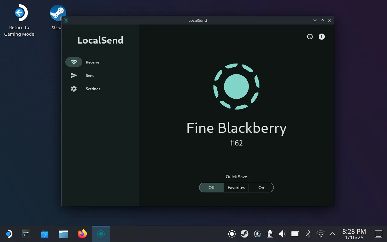 Ứng dụng LocalSend đang hoạt động trên SteamOS, hiển thị khả năng truyền tệp tin không dây