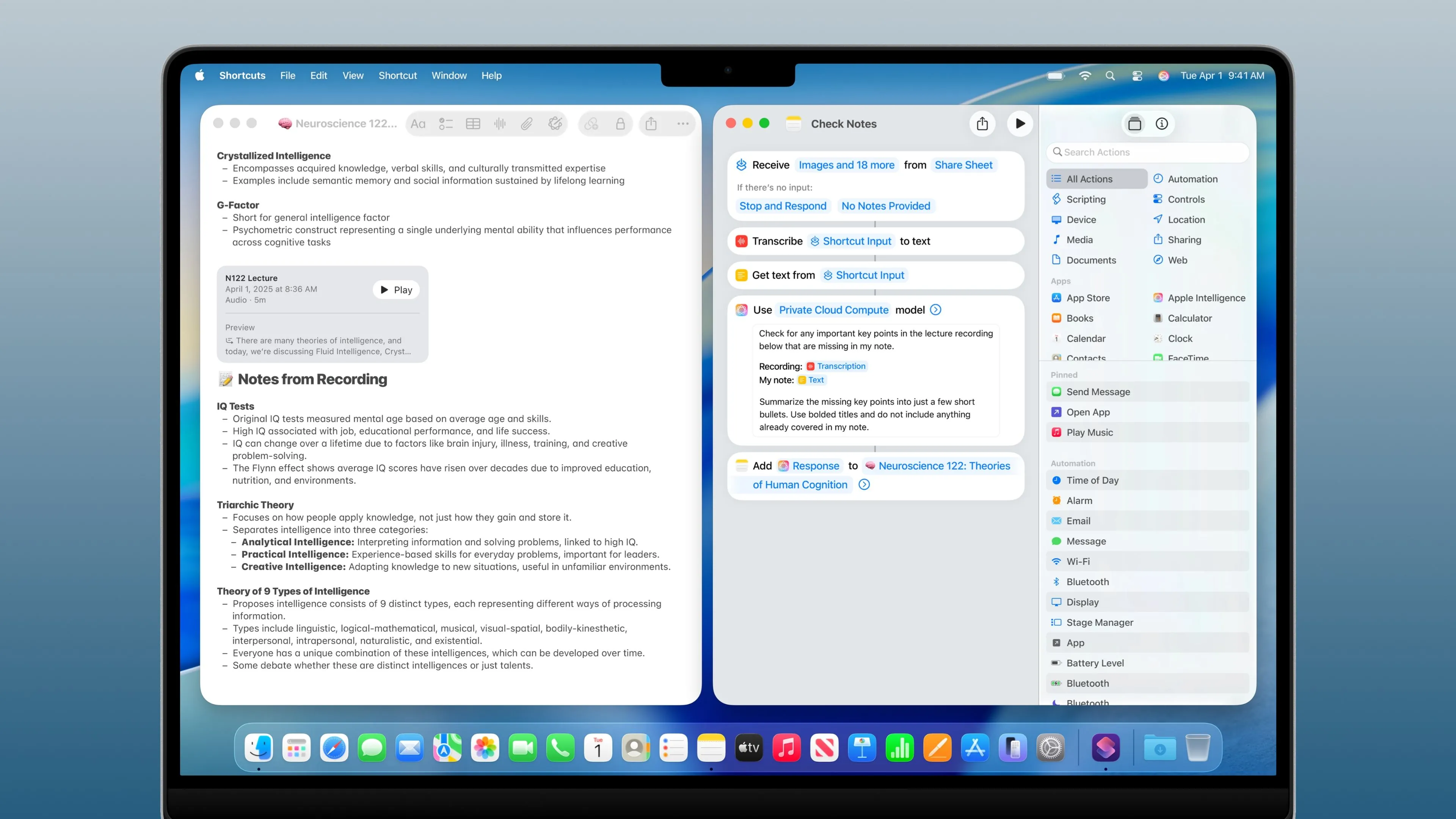 Ứng dụng Phím tắt trên macOS Tahoe hiển thị quy trình làm việc tự động sử dụng các hành động Apple Intelligence và mô hình AI.