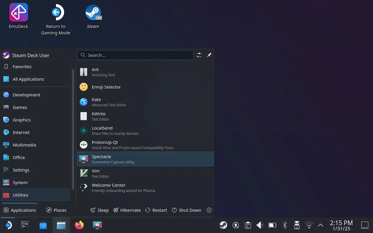 Ứng dụng Spectacle trên SteamOS Desktop Mode hiển thị các tùy chọn chụp màn hình