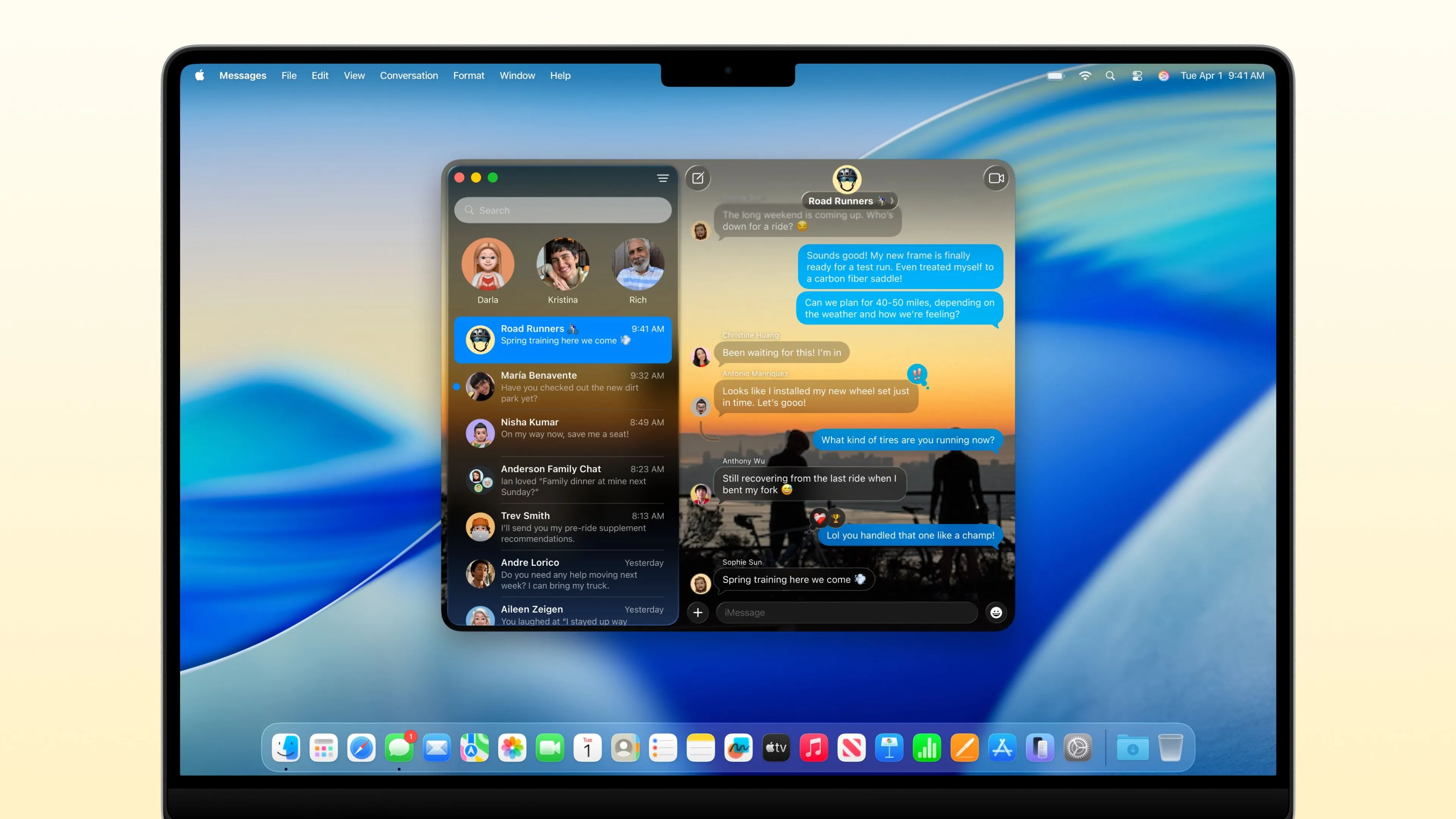 Ứng dụng Tin nhắn trên macOS Tahoe với tính năng hình nền iMessage tùy chỉnh, bao gồm cả nền do AI tạo.