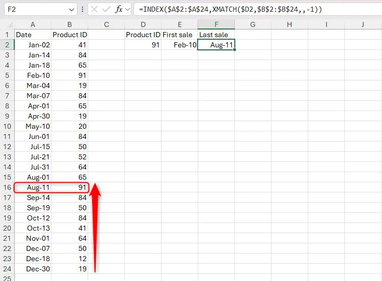 Ví dụ Excel sử dụng INDEX và XMATCH với đối số search_mode -1 để tìm ngày bán hàng cuối cùng của sản phẩm, hiển thị ngày 25/04/2025.