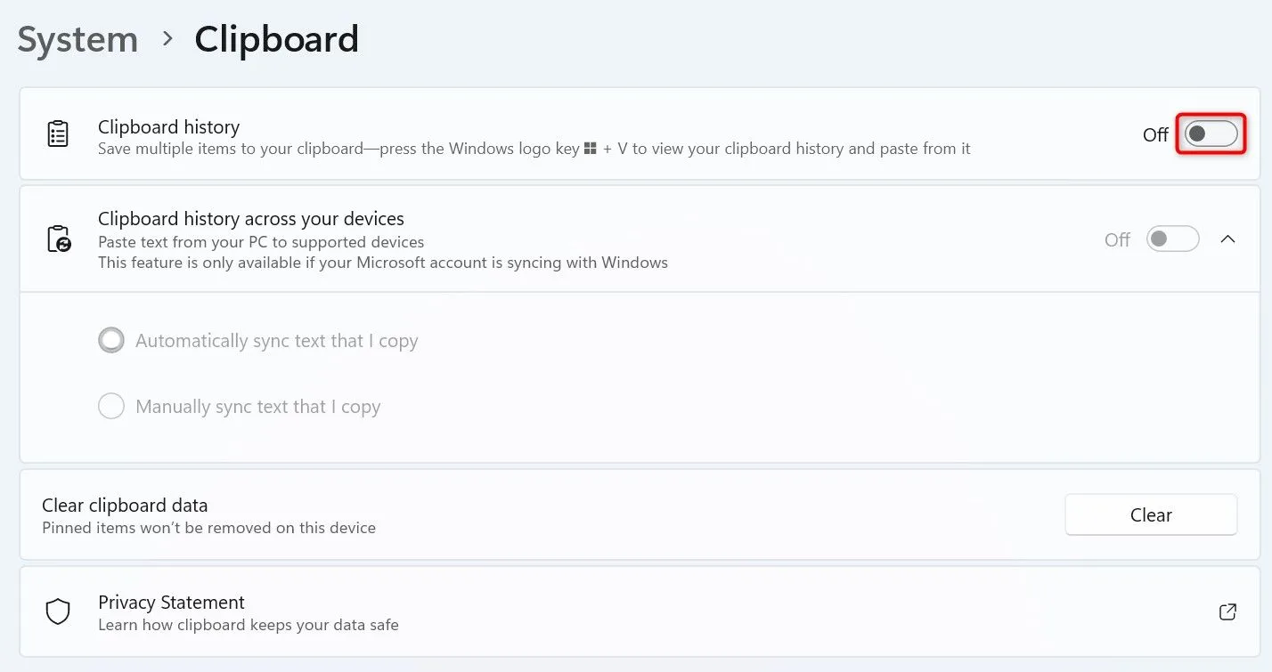 Vô hiệu hóa tính năng Clipboard History trong Windows 11