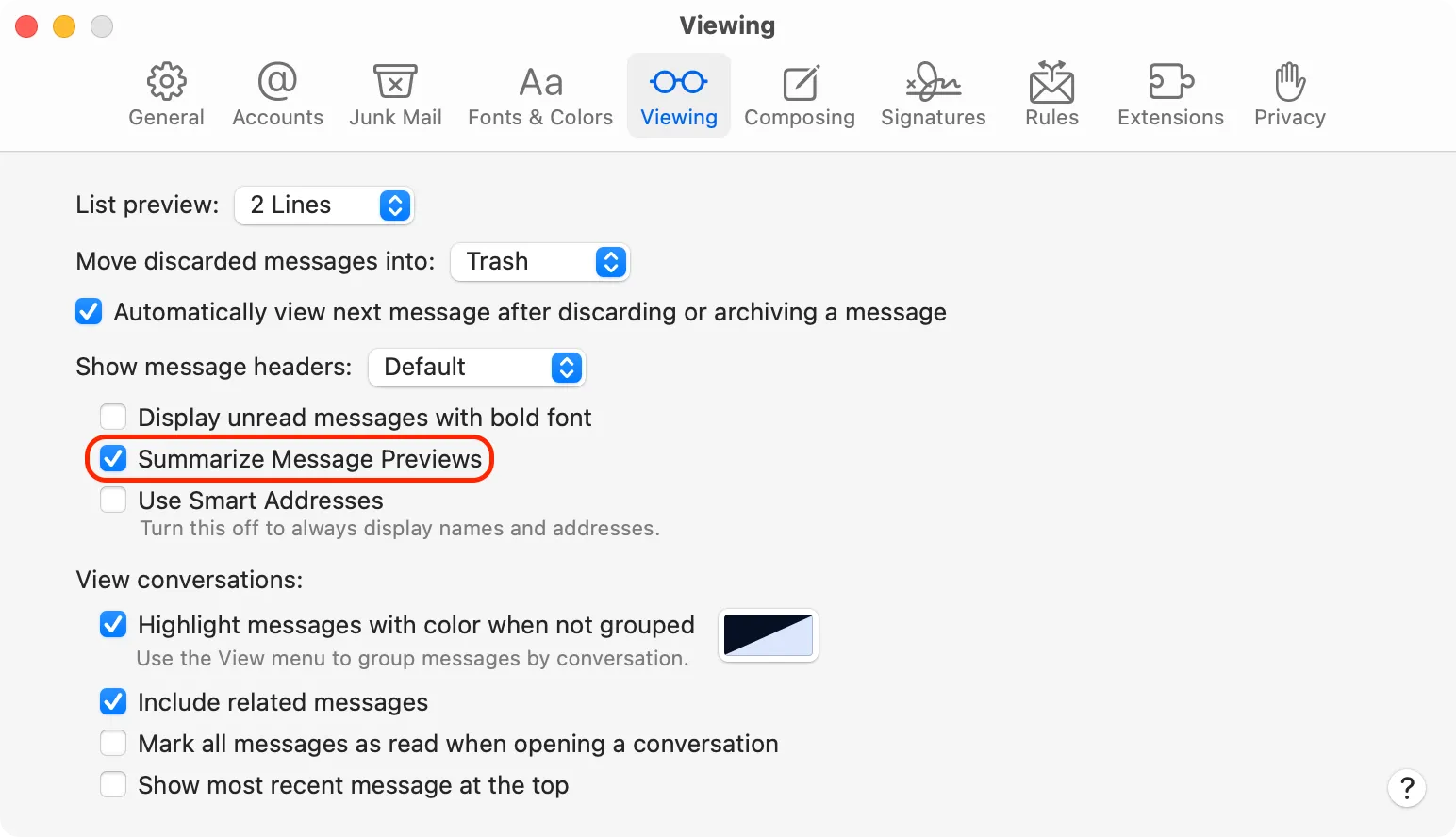 Vô hiệu hóa tính năng tóm tắt xem trước tin nhắn trong Apple Mail trên Mac