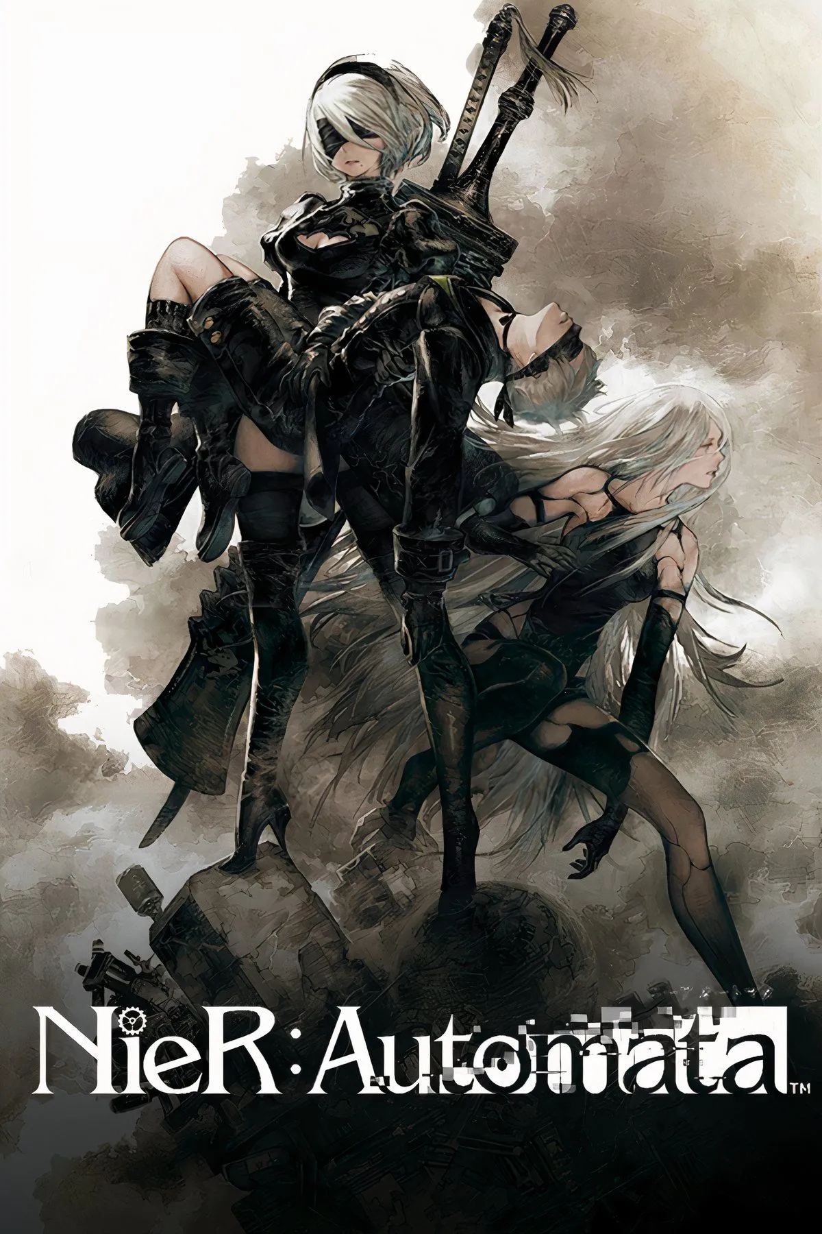 2B, nhân vật chính của NieR:Automata, đứng giữa khung cảnh hoang tàn và đẹp mắt của thế giới
