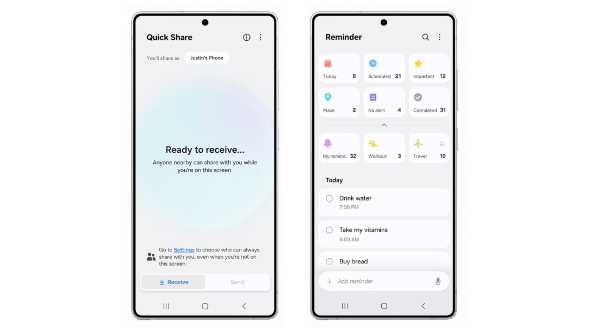 Ảnh chụp màn hình ứng dụng Quick Share và Reminder trên One UI 8 của Samsung