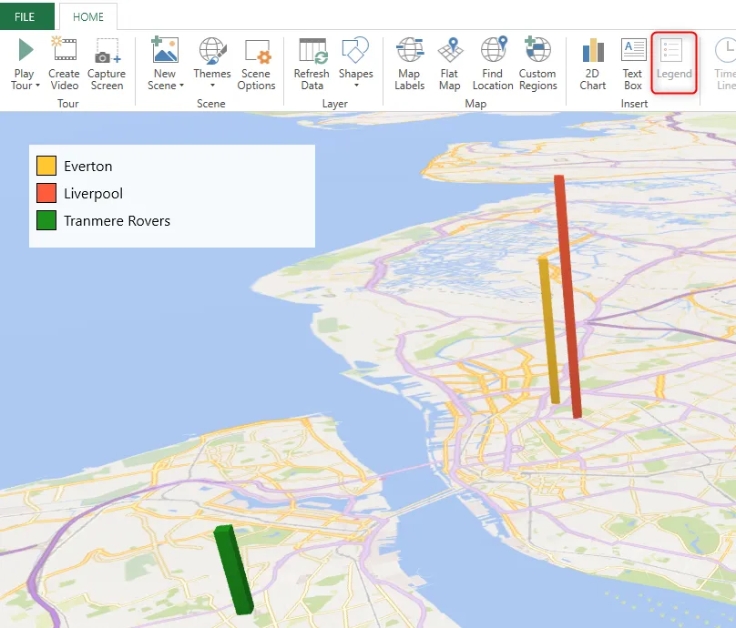 Bản đồ 3D trong Excel hiển thị các sân vận động bóng đá ở Merseyside, Vương quốc Anh, cùng với chú giải chi tiết tên các đội bóng.