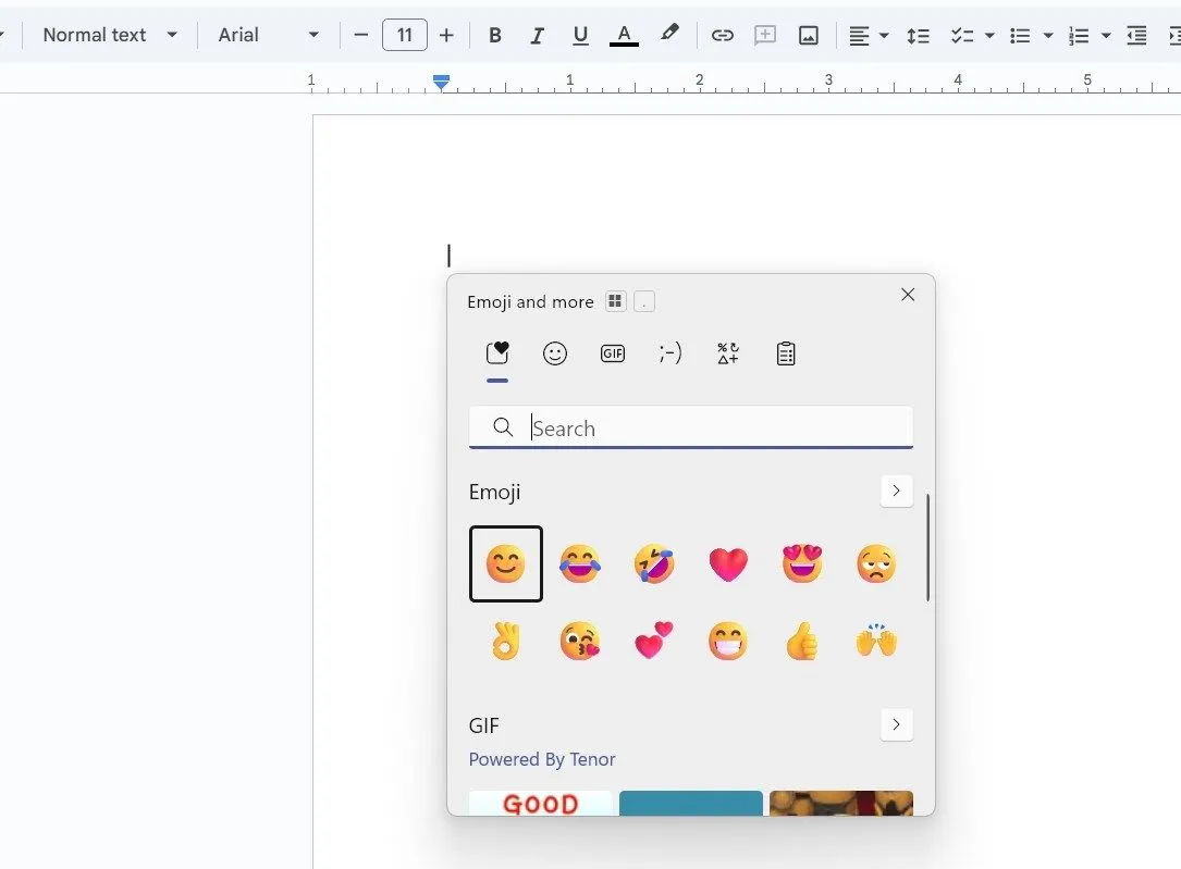 Bảng chọn biểu tượng cảm xúc (emoji picker) và ký tự đặc biệt trên Windows 11, kích hoạt bằng phím tắt Windows chấm.