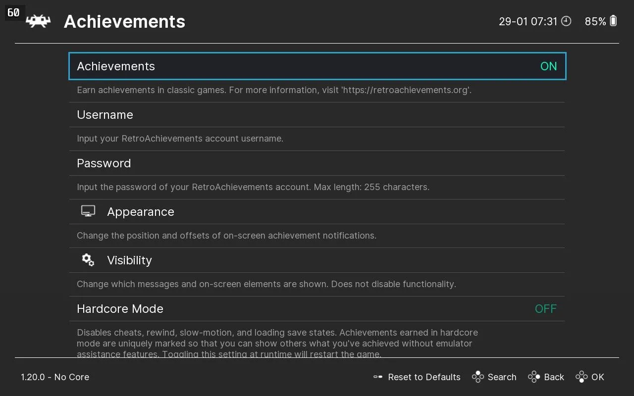 Bật tùy chọn Achievements trong cài đặt của RetroArch.
