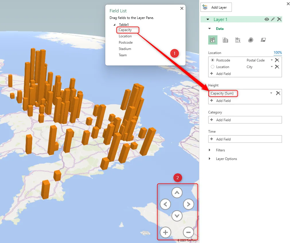 Biến &quot;Capacity&quot; được thêm vào trường Height trong Layer Pane của Excel 3D Map, hiển thị các mũi tên điều hướng để thay đổi góc nhìn.