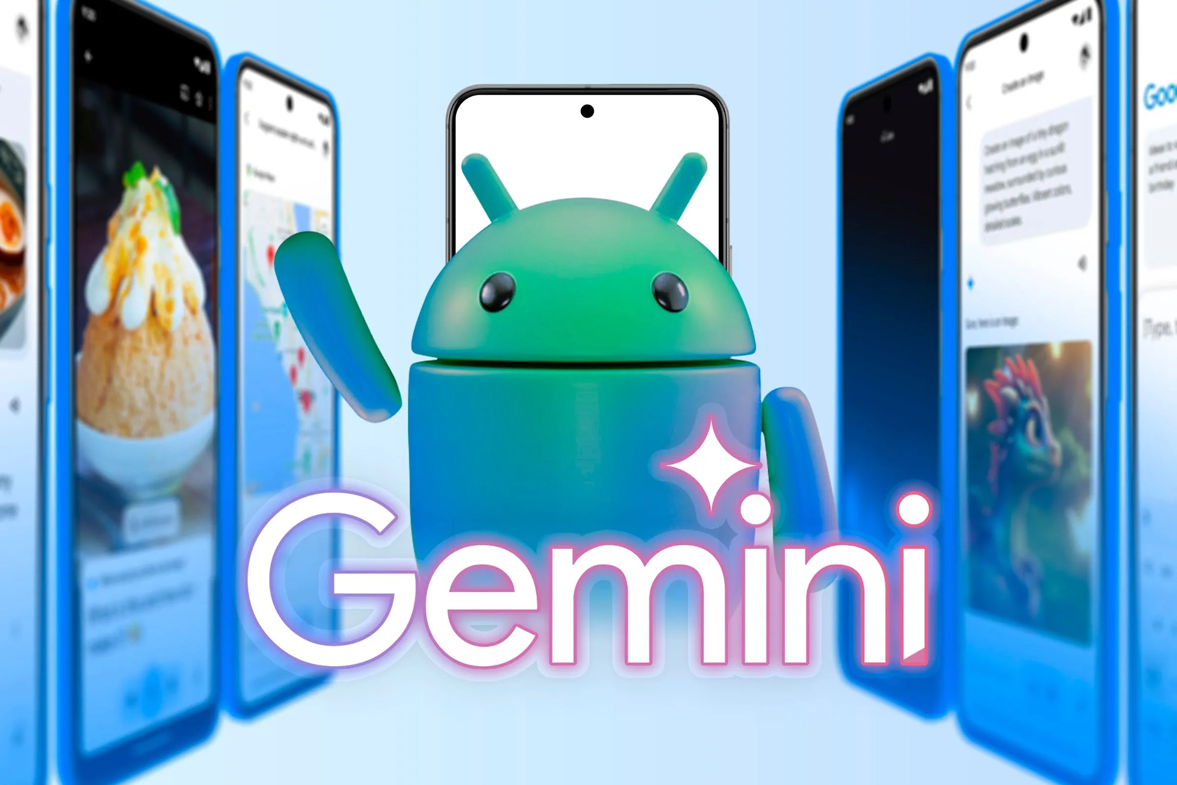Biểu tượng Android cùng logo Gemini và ảnh chụp màn hình minh họa các tính năng AI của Google
