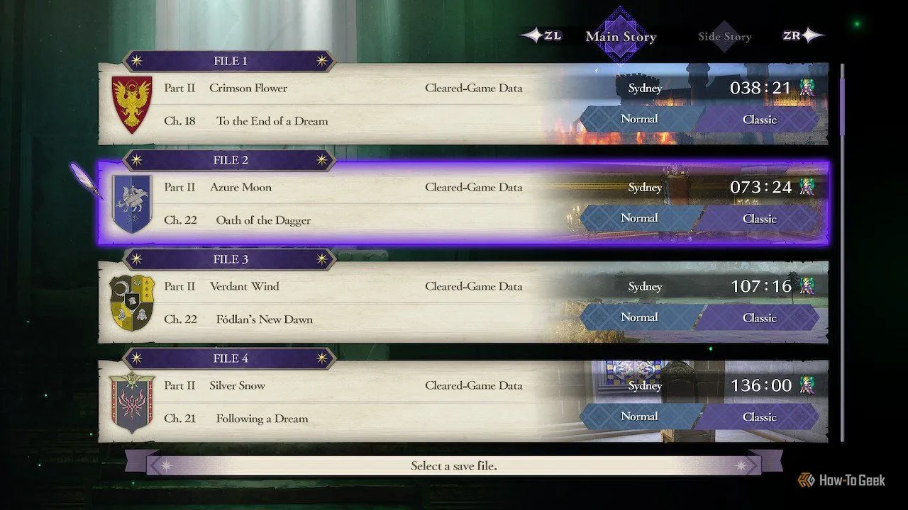 Các file save của Fire Emblem: Three Houses thể hiện hoàn thành cả bốn con đường cốt truyện