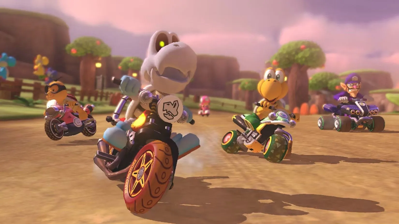 Các nhân vật nổi tiếng Dry Bones trong cuộc đua tốc độ cao của Mario Kart 8 Deluxe ở chế độ 200cc.