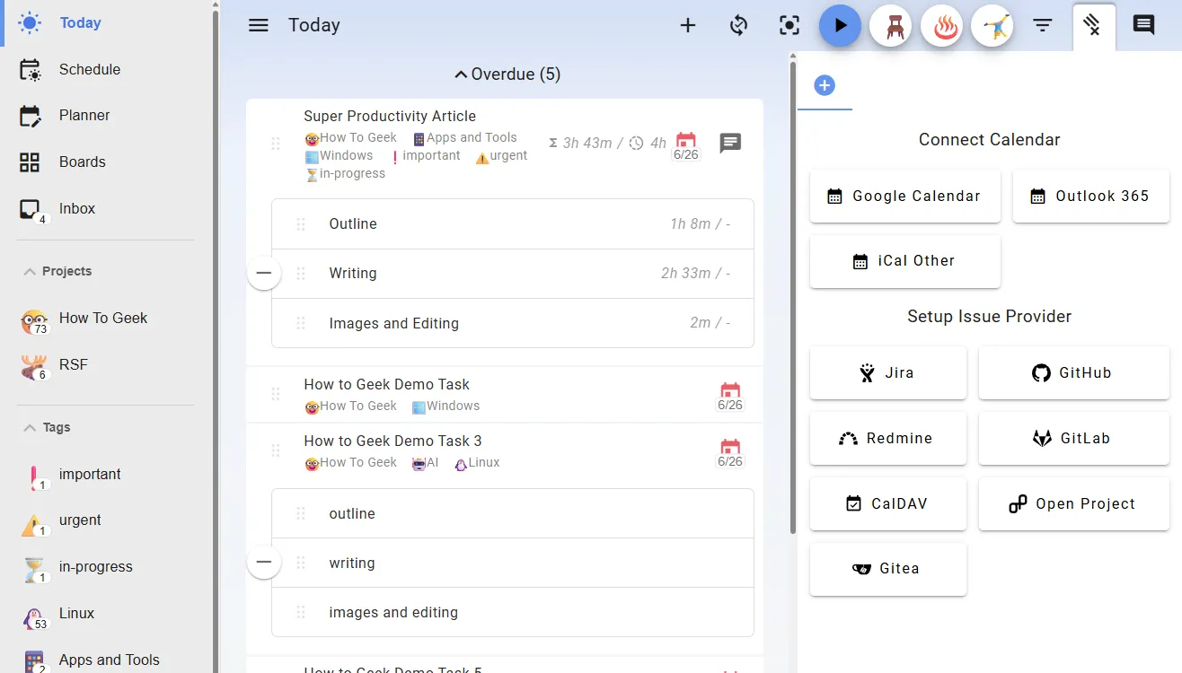 Các tích hợp bên thứ ba của Super Productivity với Google Calendar và Jira