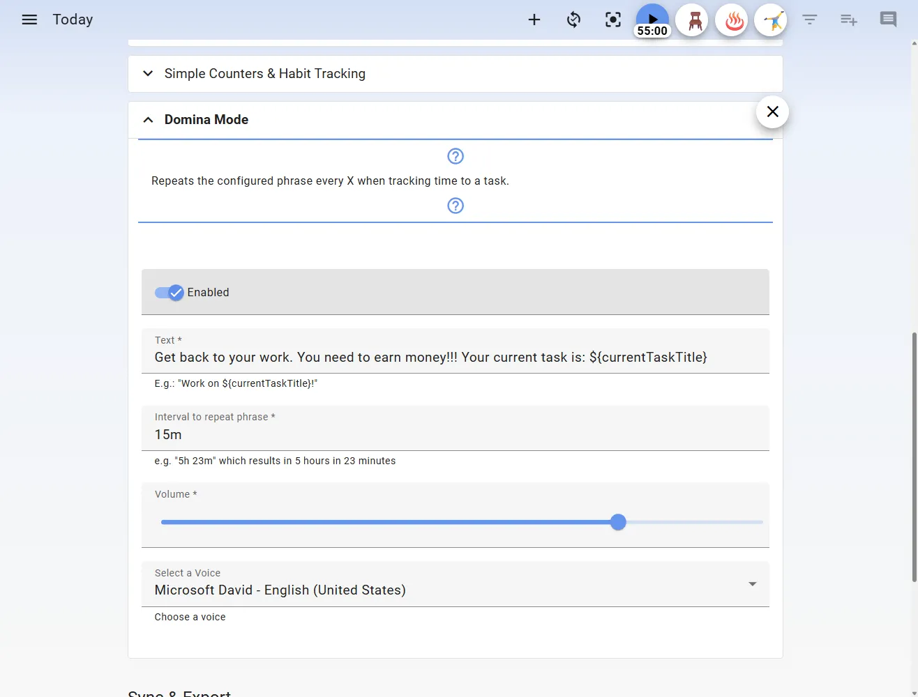Cài đặt chế độ Domina Mode của Super Productivity giúp duy trì sự tập trung