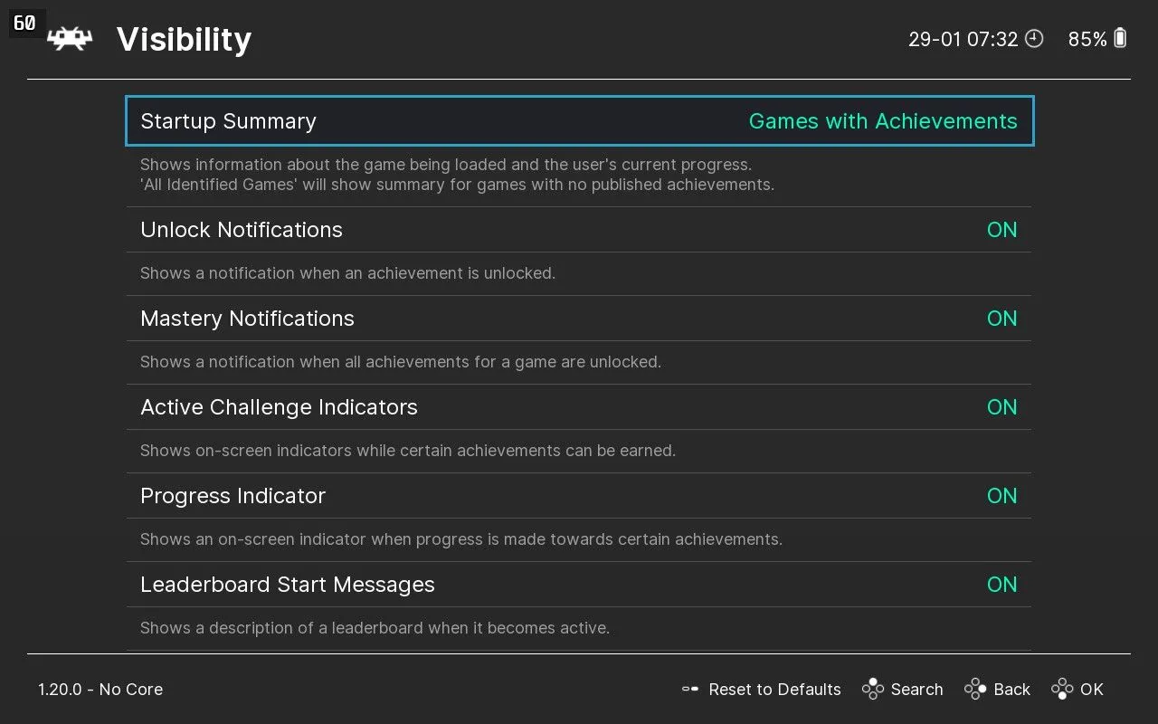 Cài đặt hiển thị thành tích trong RetroArch.