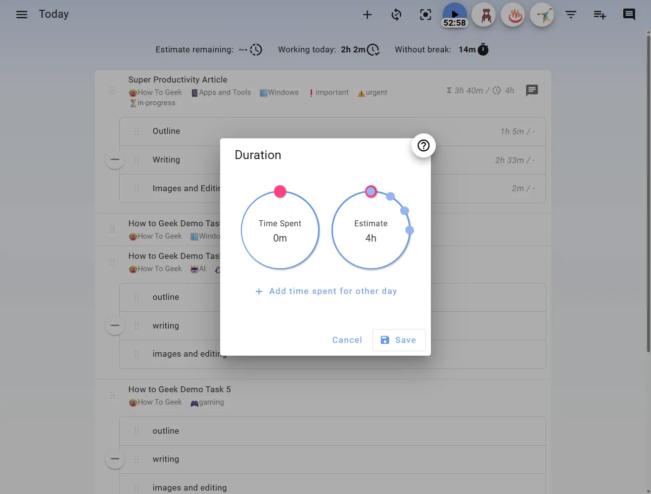 Cài đặt thời gian ước tính cho một tác vụ trong Super Productivity