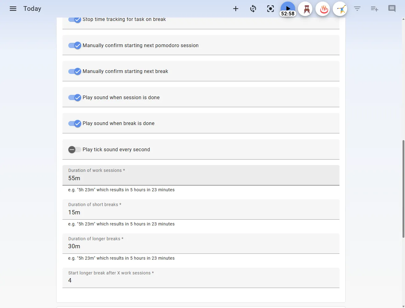 Cấu hình bộ hẹn giờ Pomodoro trong Super Productivity để tối ưu năng suất