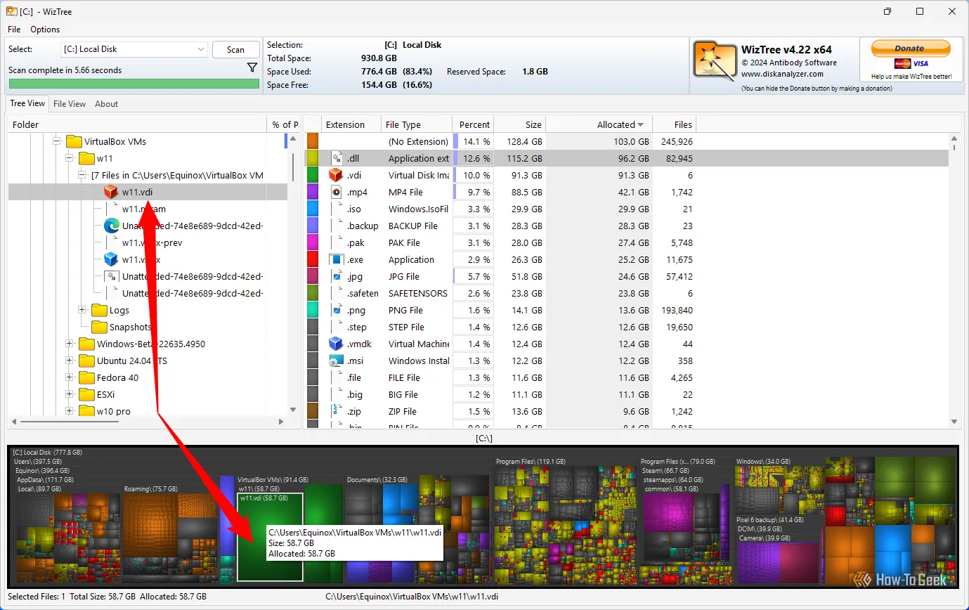 Chọn một tệp VDI dung lượng lớn trong giao diện WizTree