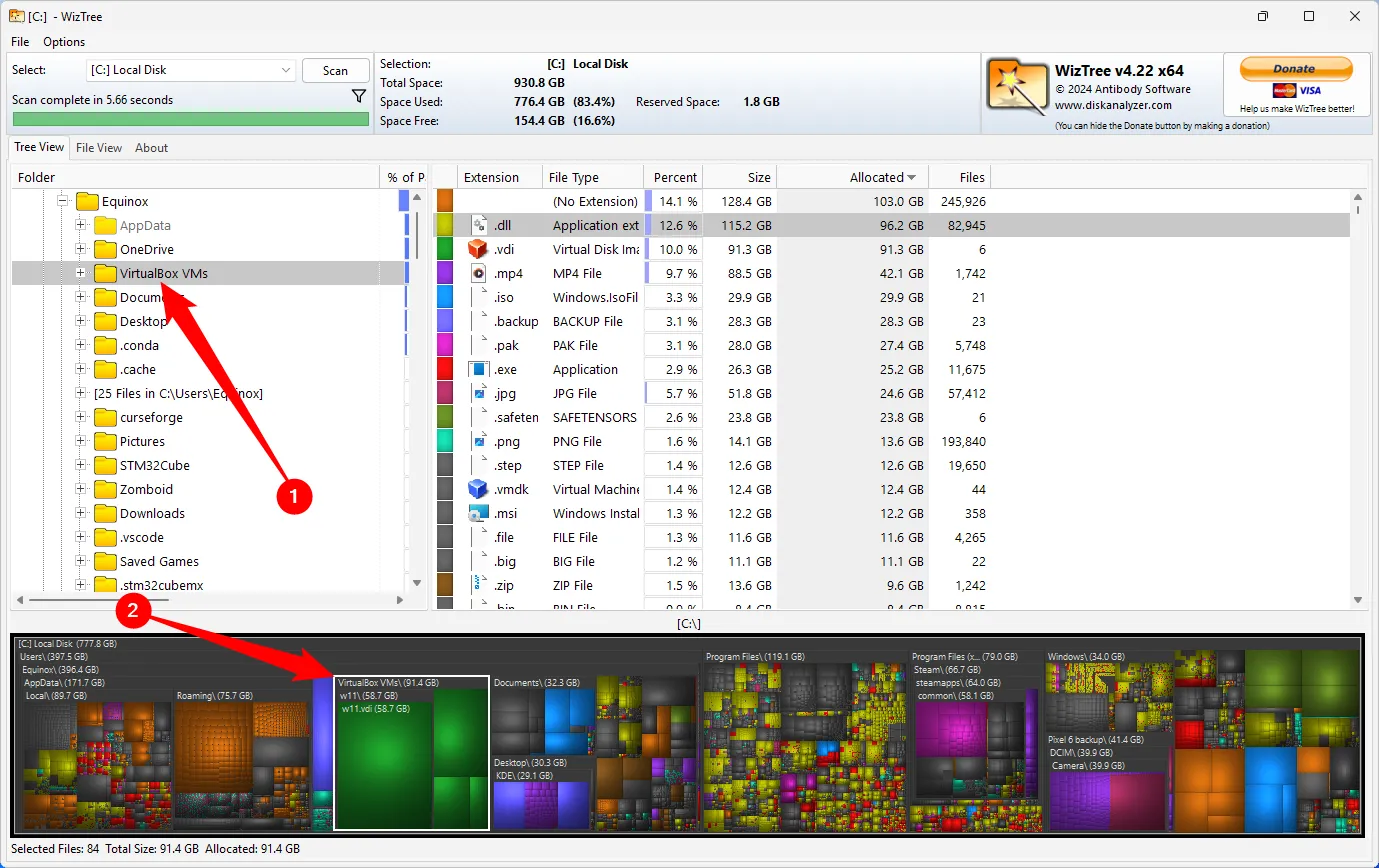 Chọn thư mục cha để xem tổng dung lượng các file bên trong bằng WizTree