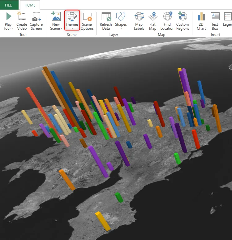 Chủ đề &quot;Aerial Dark&quot; được chọn từ menu Themes trong 3D Map của Microsoft Excel, làm nổi bật các điểm dữ liệu trên bản đồ.