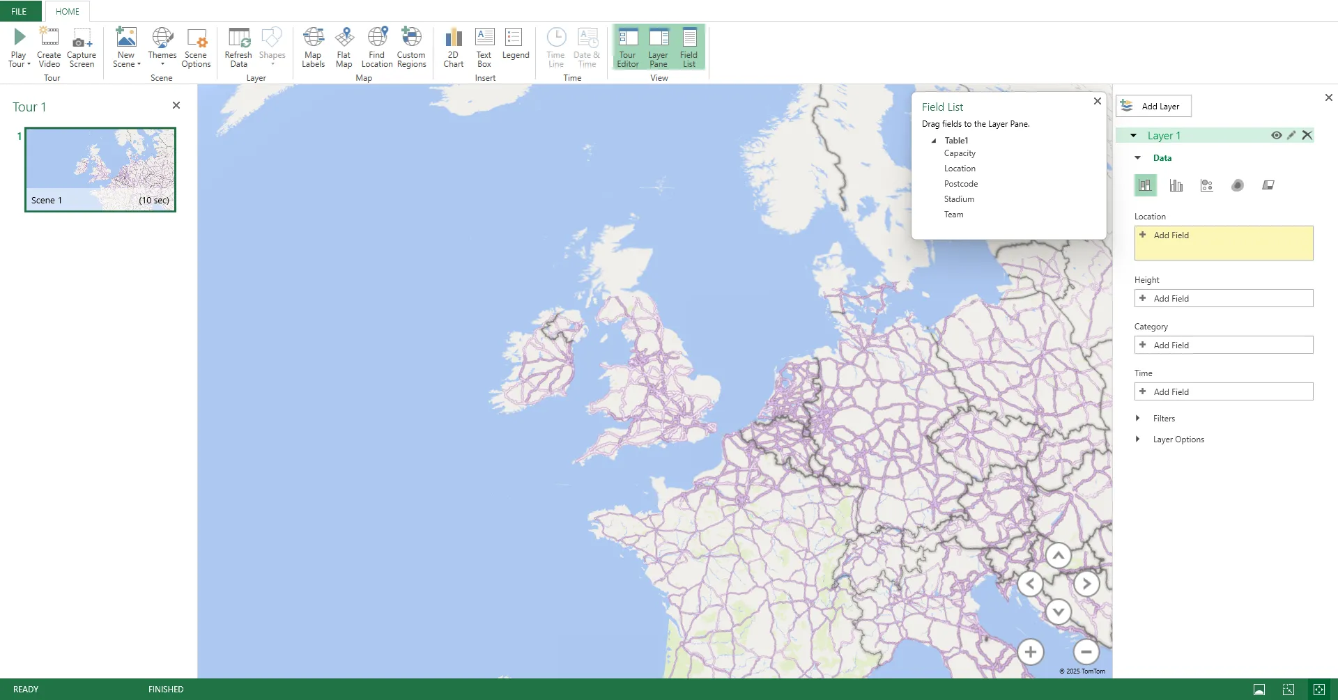 Cửa sổ 3D Map trong Microsoft Excel, hiển thị các khu vực như Tour Editor, Layer Pane, Field List và khu vực bản đồ trống, chờ dữ liệu.