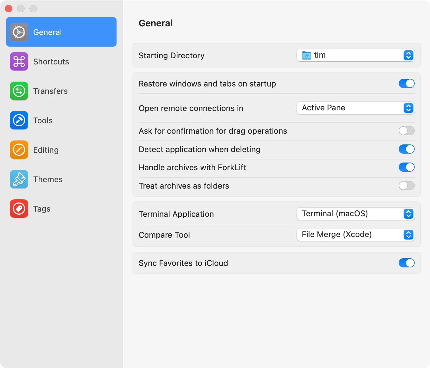 Cửa sổ cài đặt của Forklift trên macOS, cho phép tùy chỉnh các thiết lập ứng dụng.