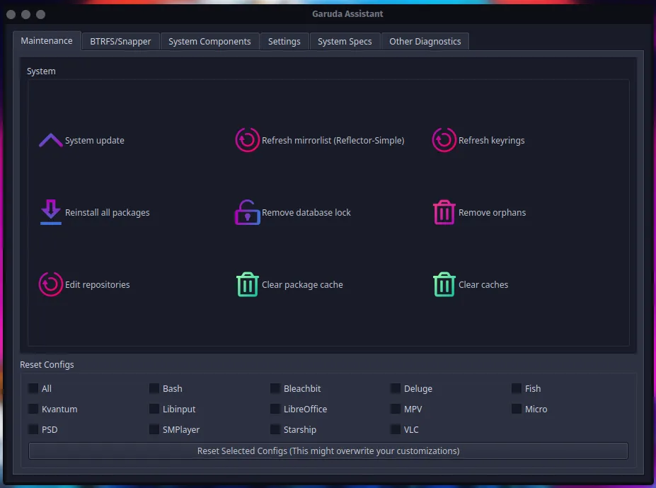 Cửa sổ Garuda Assistant trên môi trường Garuda Linux Dragonized desktop, thể hiện các tùy chọn quản lý hệ thống.