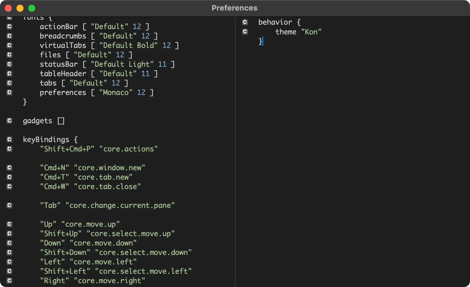 Cửa sổ tùy chỉnh cài đặt của Marta trên macOS, hiển thị nội dung file cấu hình.
