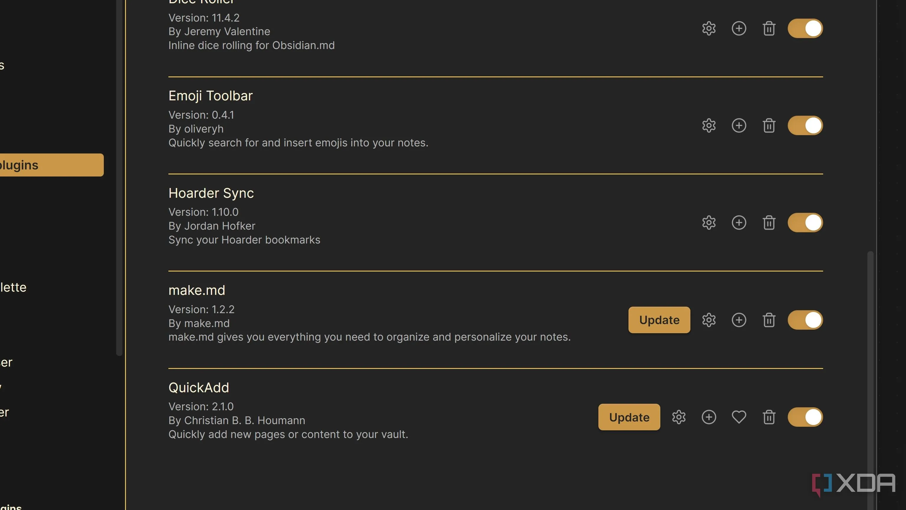 Danh sách các plugin Obsidian đã cài đặt với hai plugin hiển thị cập nhật đang chờ xử lý