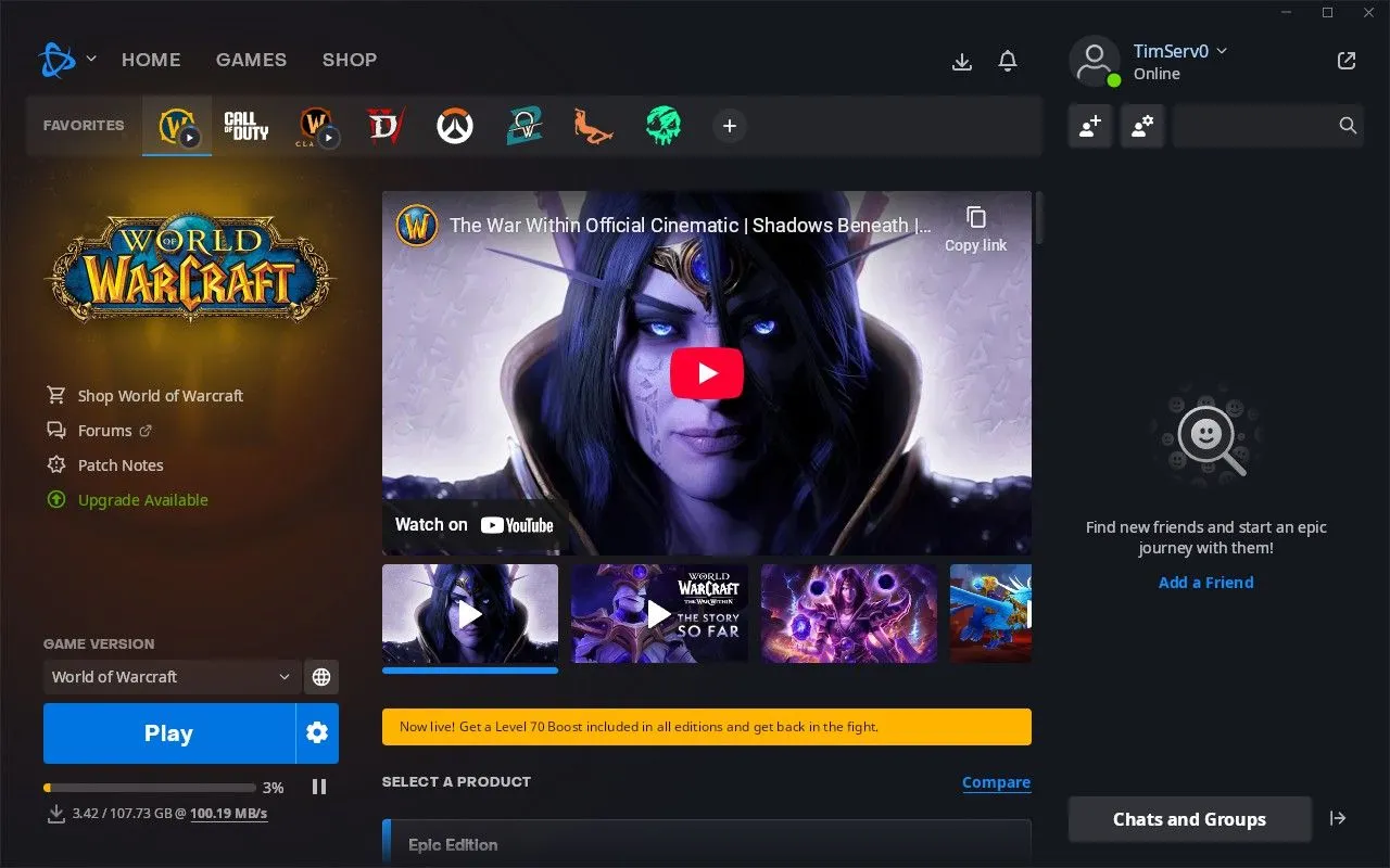 Giao diện Battle.net hiển thị tiến trình tải xuống World of Warcraft, cho thấy dung lượng game lớn và yêu cầu bộ nhớ trống trên Steam Deck.