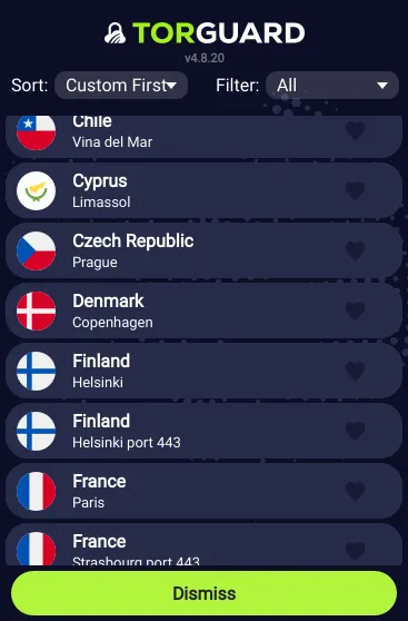 Giao diện chọn máy chủ của TorGuard VPN hiển thị danh sách các vị trí máy chủ khả dụng
