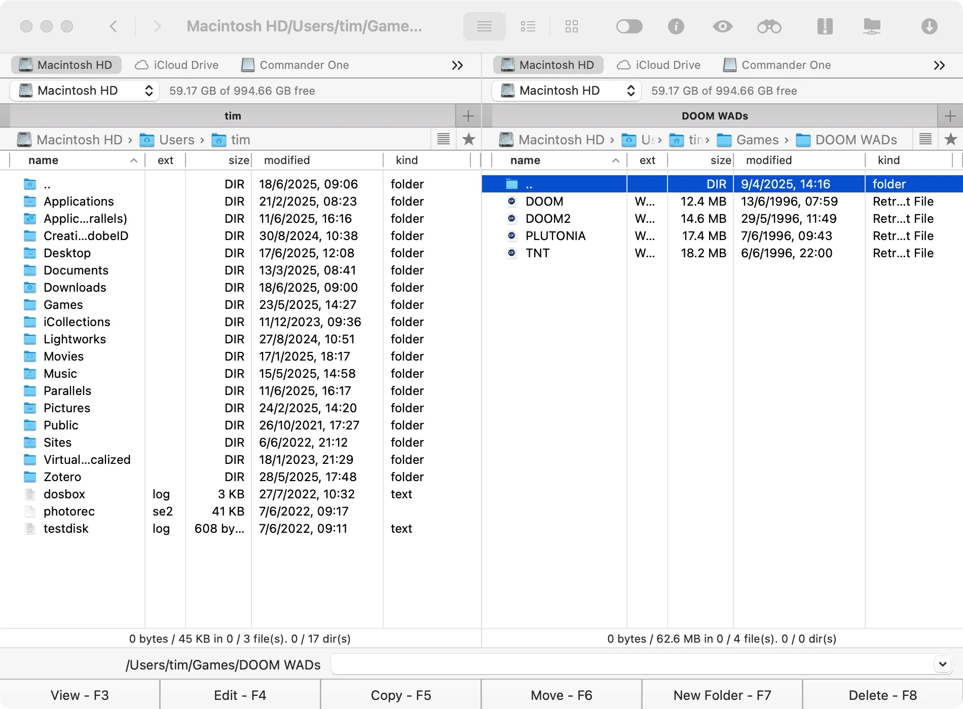 Giao diện Commander One trên macOS, hiển thị hai bảng điều khiển tập tin với nhiều tab.