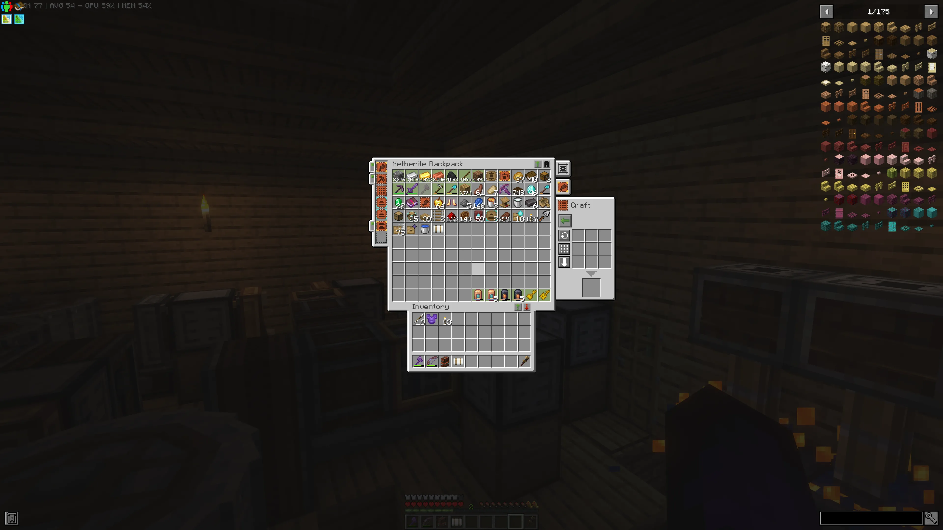 Giao diện mod Sophisticated Backpacks hiển thị nội dung ba lô đã được nâng cấp trong Minecraft.