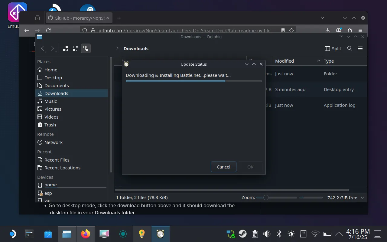 Giao diện NonSteamLaunchers đang hiển thị quá trình tải xuống và cài đặt Battle.net client trên Steam Deck, một bước cần thiết để chơi World of Warcraft.