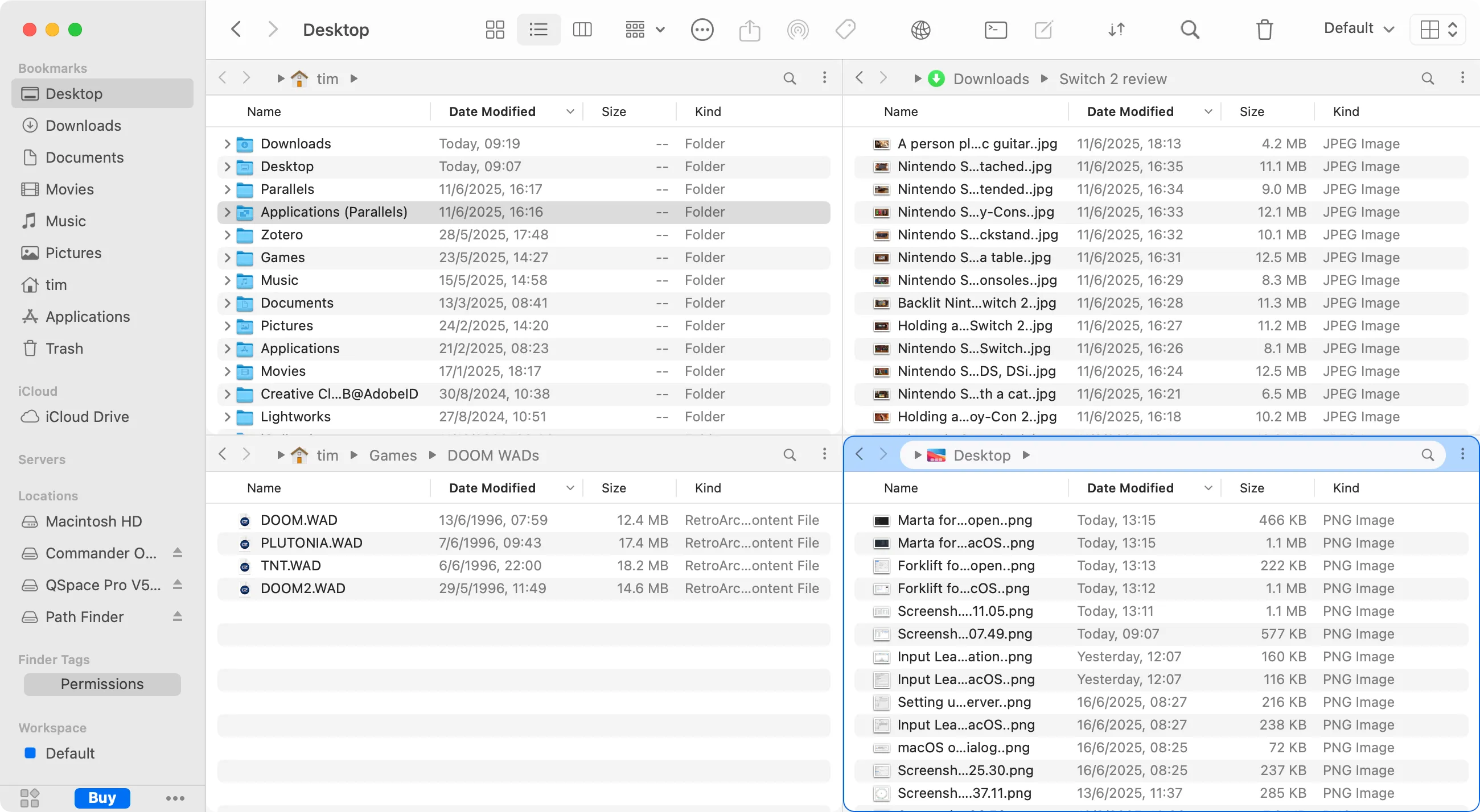 Giao diện QSpace trên macOS, hiển thị bốn bảng điều khiển quản lý tập tin đồng thời.