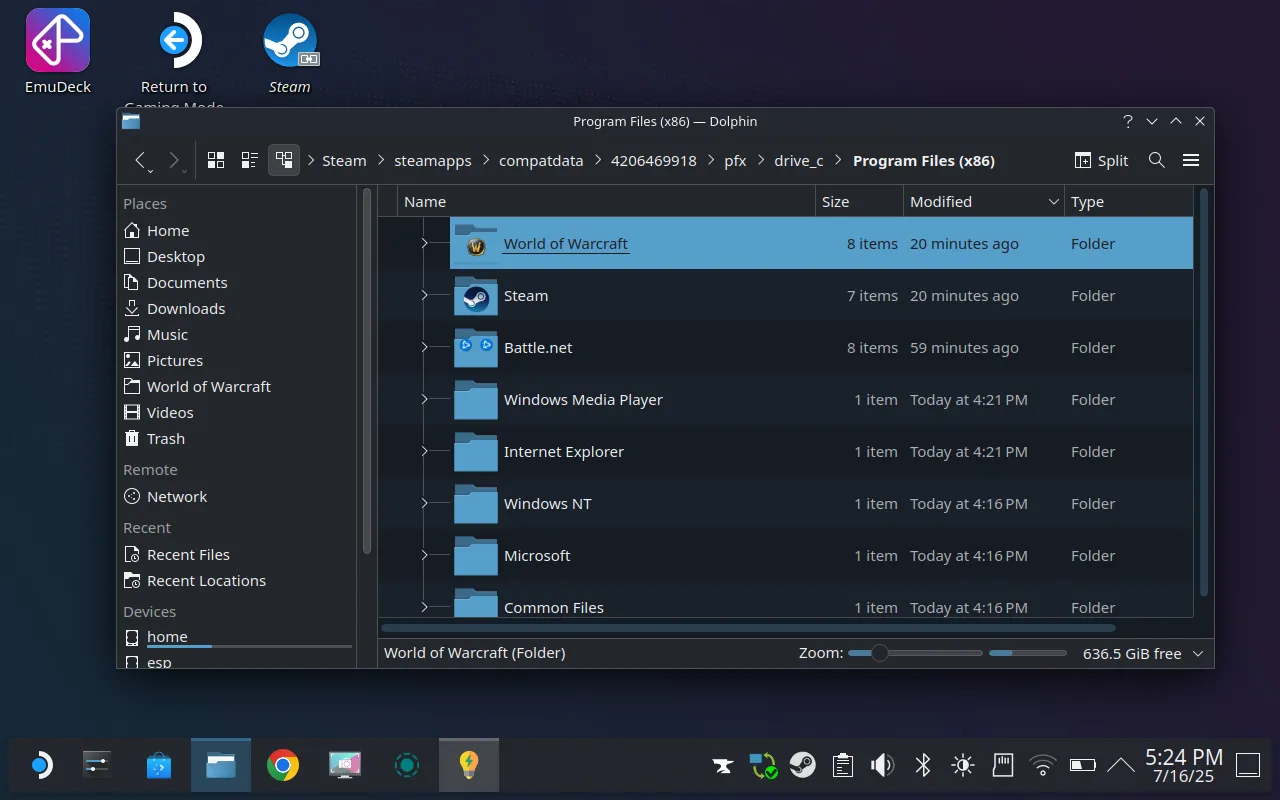 Giao diện quản lý file Dolphin trên Steam Deck, hướng dẫn người dùng tìm thư mục cài đặt World of Warcraft ẩn trong cấu trúc file Proton để cài đặt add-on.