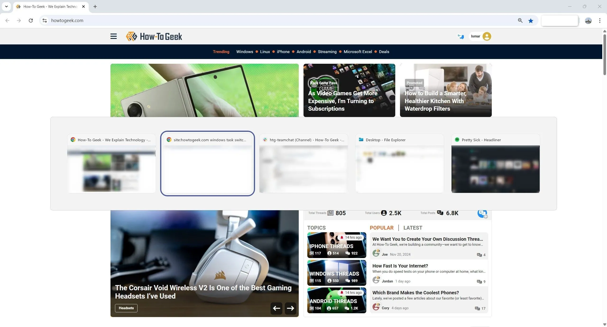 Giao diện Task Switcher trên Windows 11 khi sử dụng phím tắt Alt Tab.