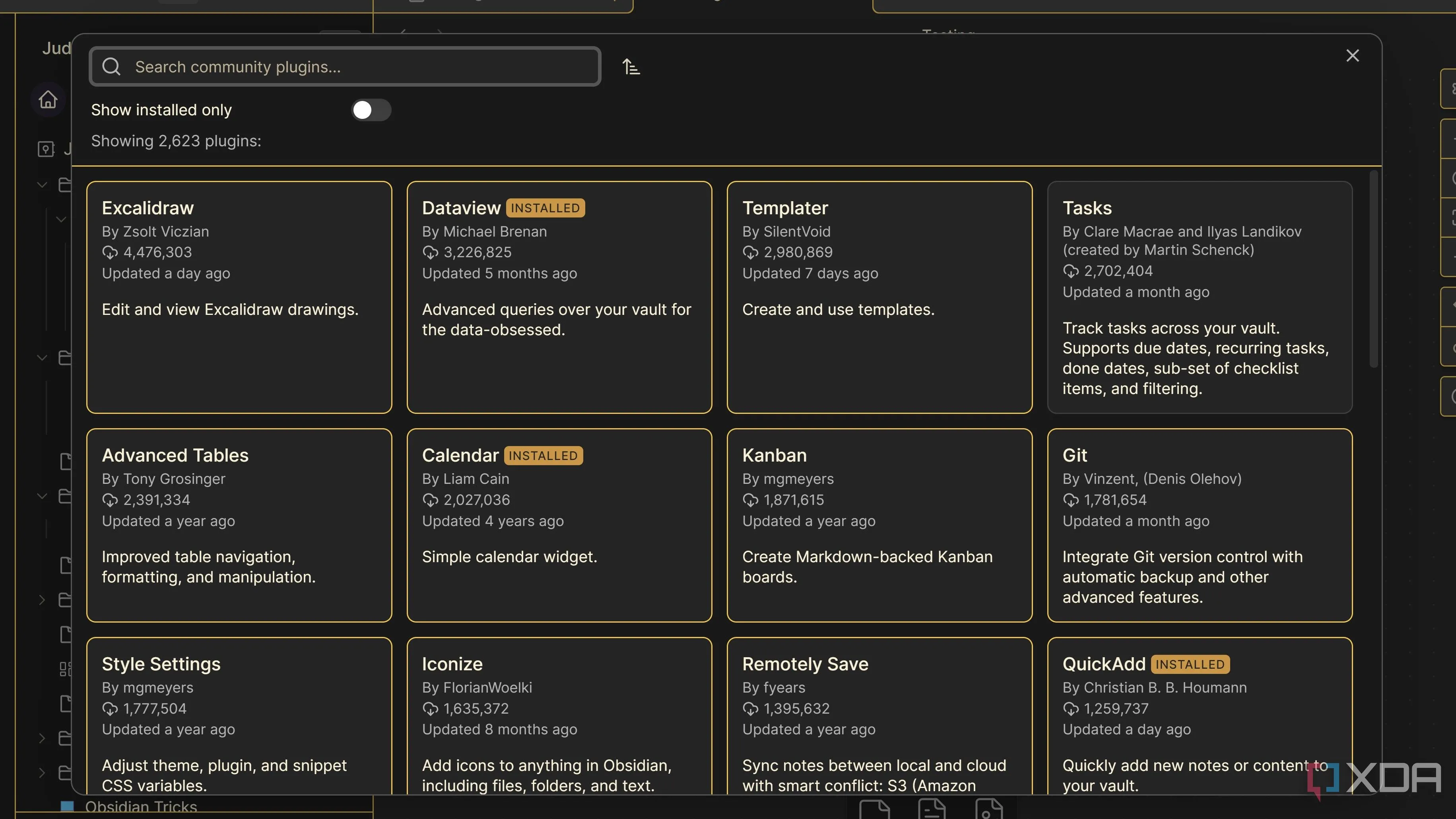 Giao diện thư viện plugin Cộng đồng Obsidian với danh sách các plugin có sẵn để cài đặt