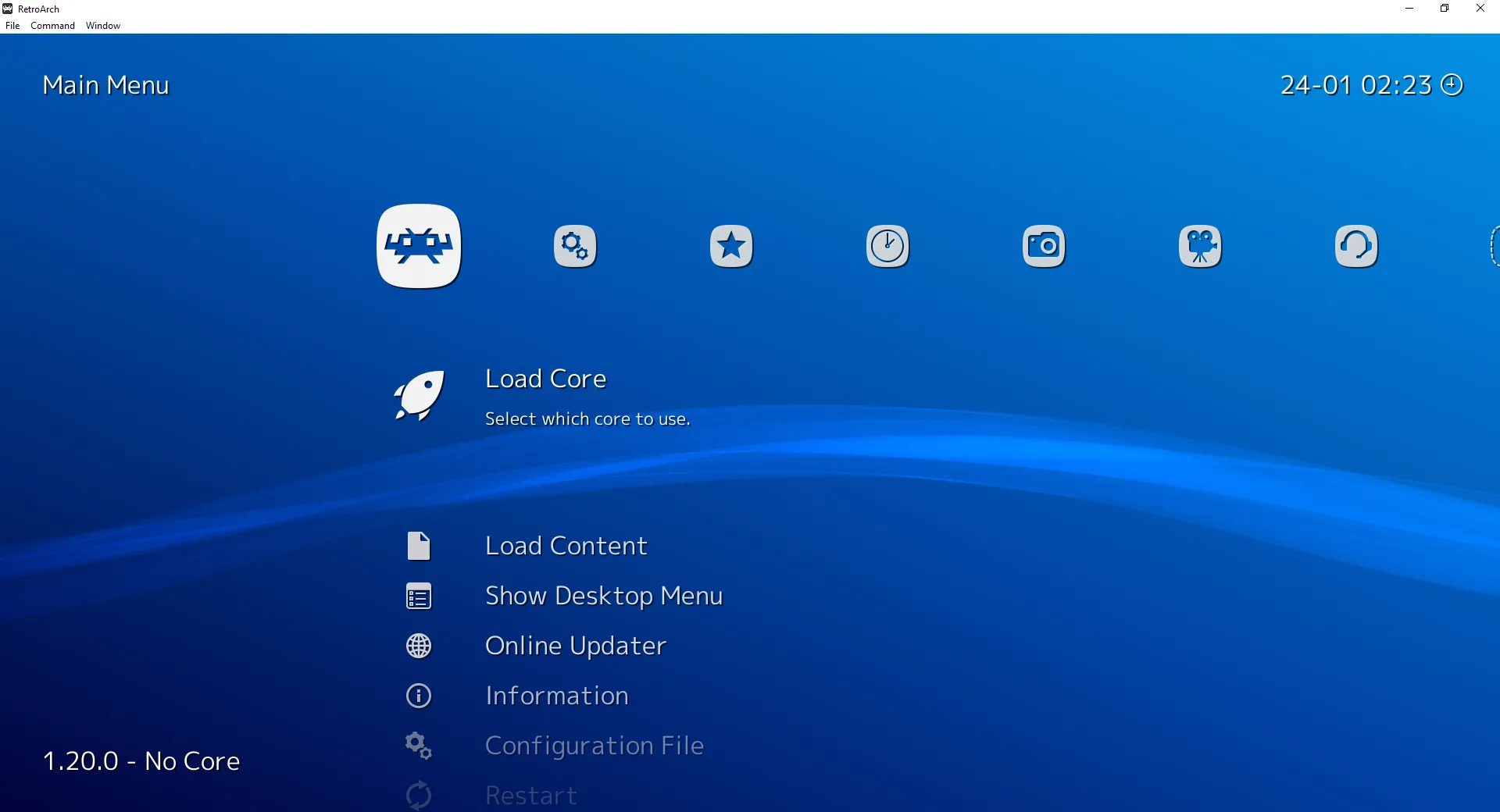 Giao diện XMB của RetroArch với các tùy chọn menu chính.