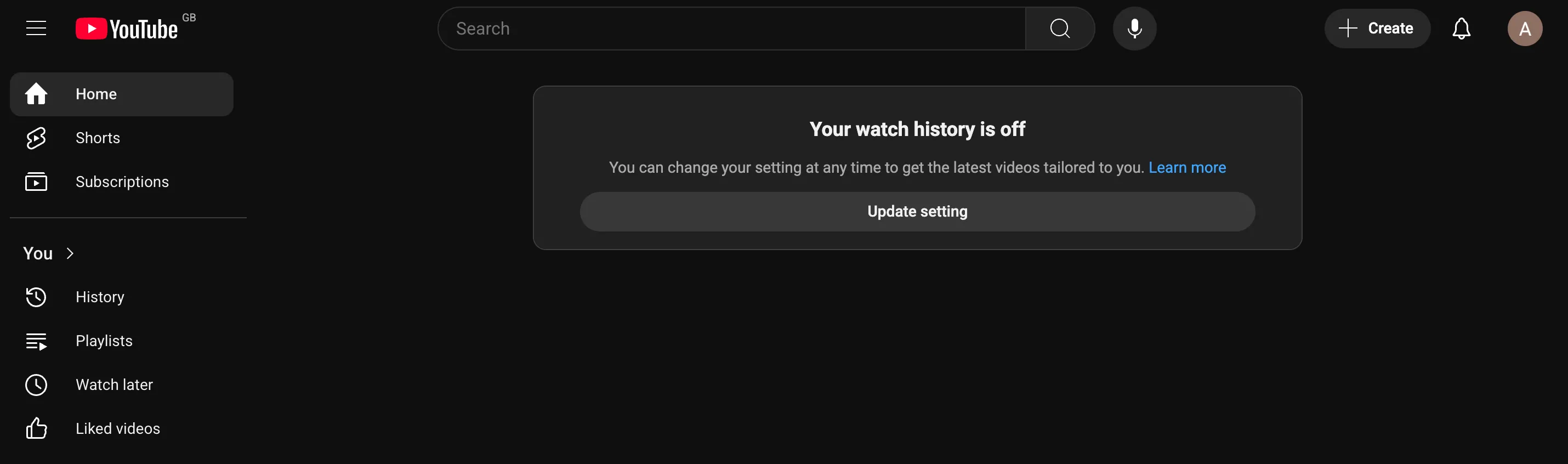 Giao diện YouTube khi tính năng lịch sử xem đã được tắt, hiển thị thông báo bật lại.