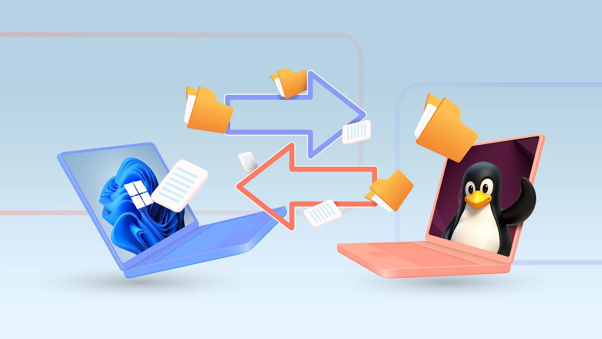 Hai laptop đang chia sẻ tệp, minh họa nguy cơ khi bật tính năng chia sẻ ở nơi công cộng.