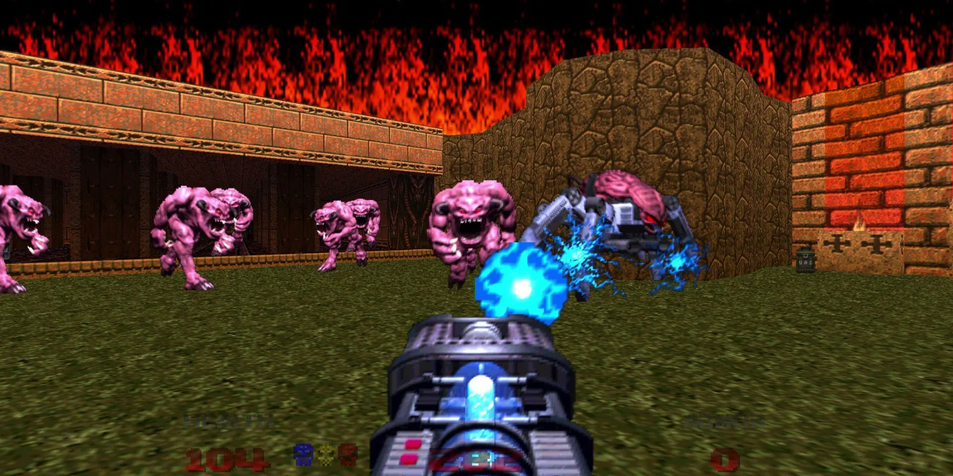 Hình ảnh gameplay từ DOOM 64, hiển thị góc nhìn thứ nhất với hành động