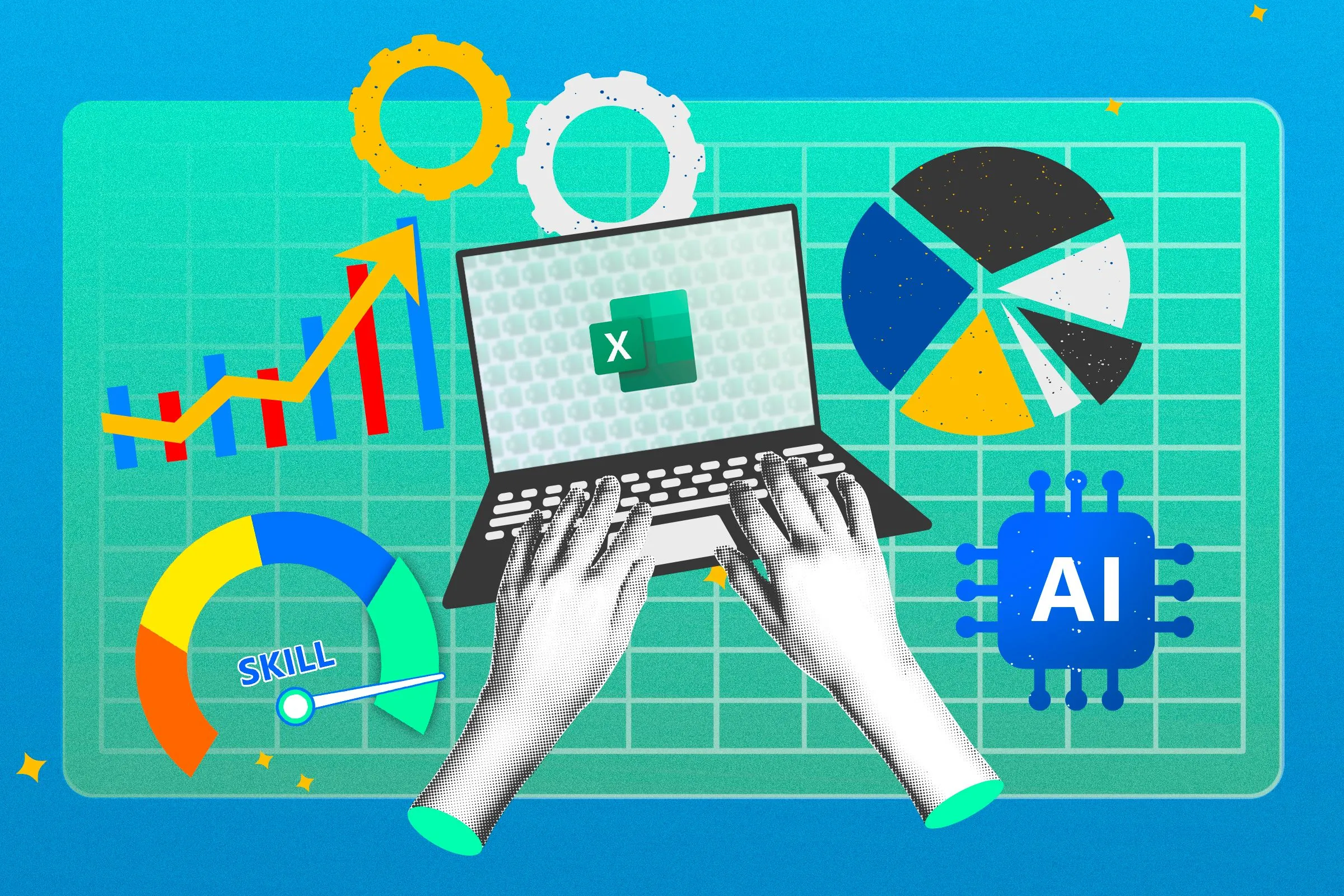 Hình ảnh hai tay đang sử dụng laptop hiển thị logo Excel, minh họa sự phức tạp và phụ thuộc công thức của hàm PIVOTBY.