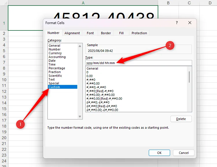 Hộp thoại Format Cells trong Excel để định dạng ngày giờ tùy chỉnh