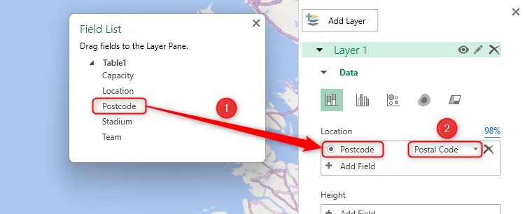 Hướng dẫn kéo trường &quot;Postcode&quot; từ Field List vào phần Location của Layer Pane trong 3D Map Excel và chọn &quot;Postal Code&quot; từ menu thả xuống.