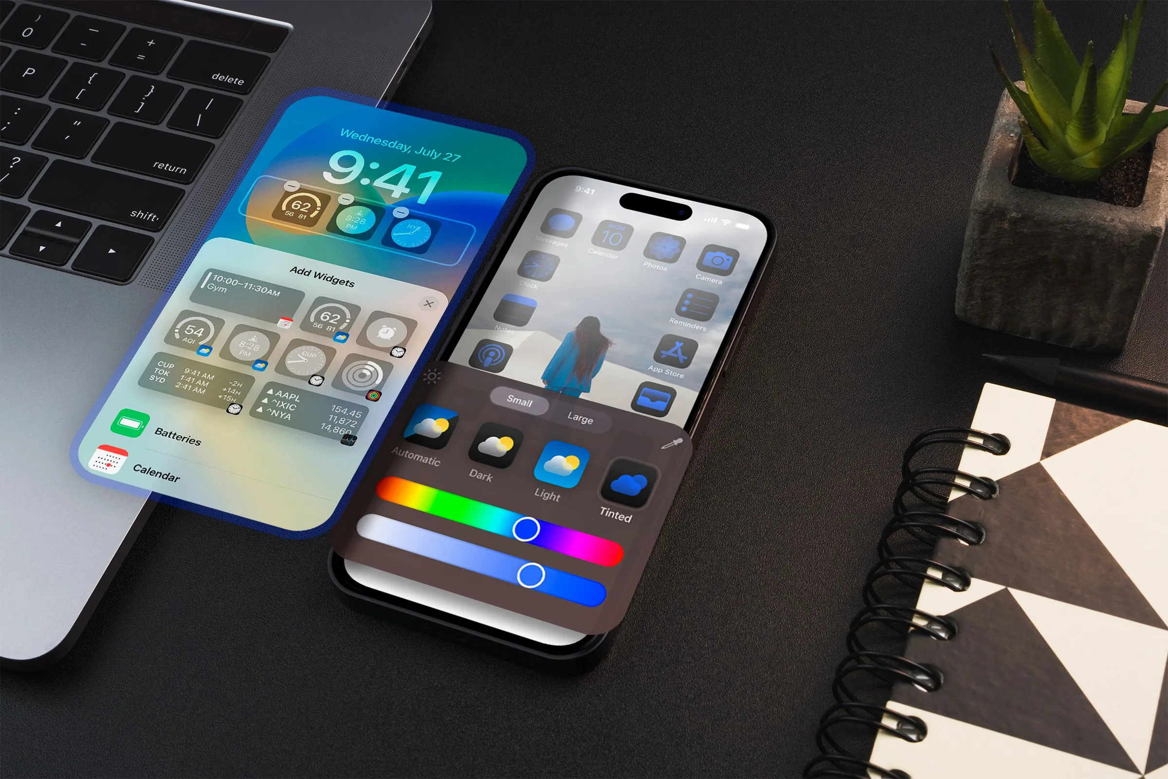 iPhone trên bàn với màn hình chính tùy chỉnh, hiển thị các ứng dụng tối thiểu trong Chế độ Tập trung để giảm thiểu xao nhãng.