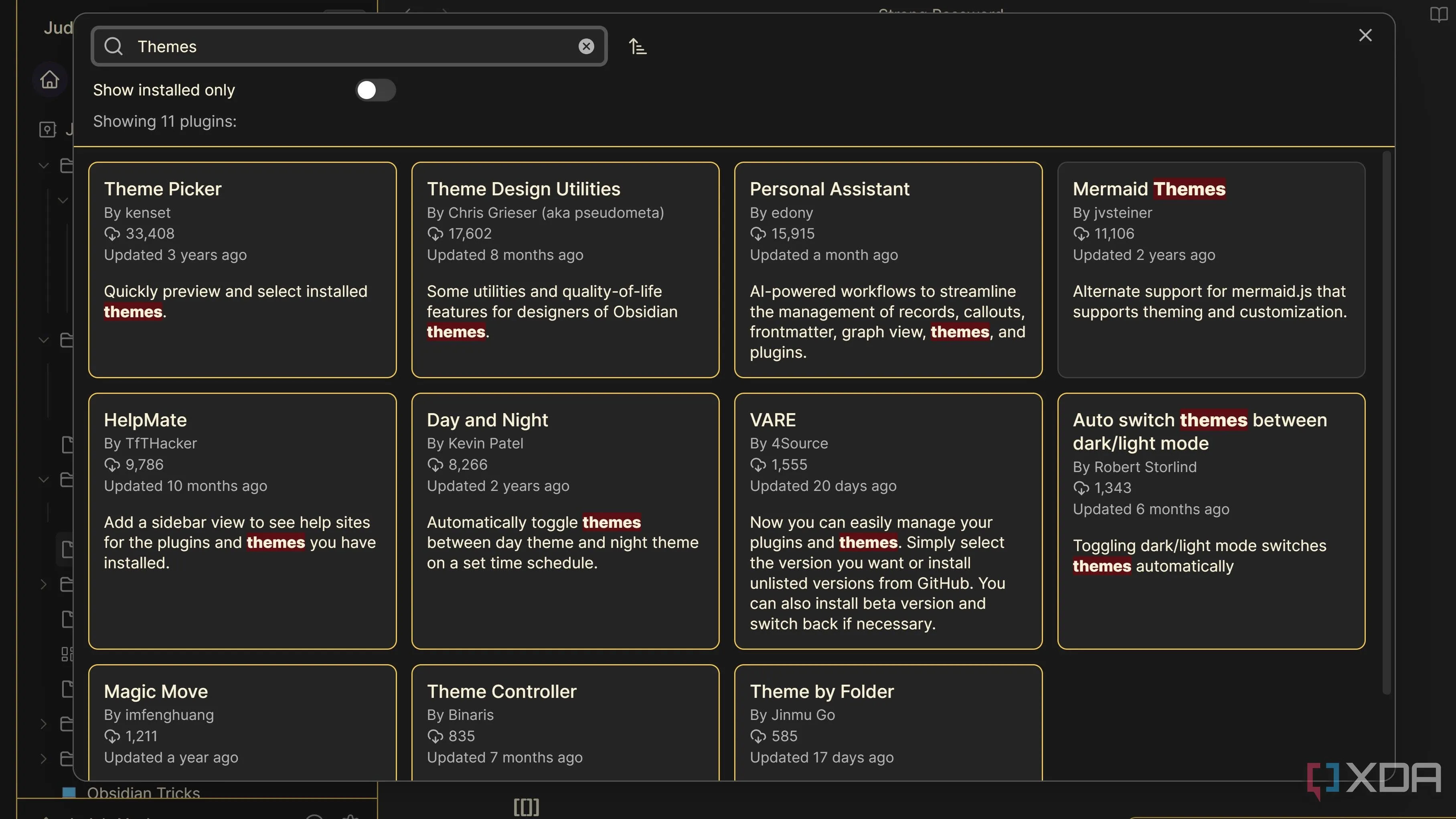 Kết quả tìm kiếm các plugin chủ đề (Themes) trong Cộng đồng Obsidian