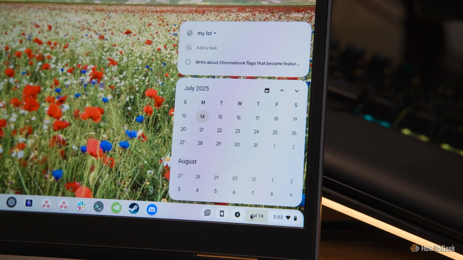Lịch và danh sách công việc (Google Tasks) tích hợp trong khay hệ thống ChromeOS.