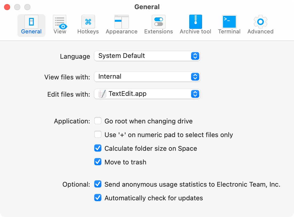 Màn hình cài đặt của Commander One trên macOS, hiển thị các tùy chọn tùy chỉnh và thiết lập.